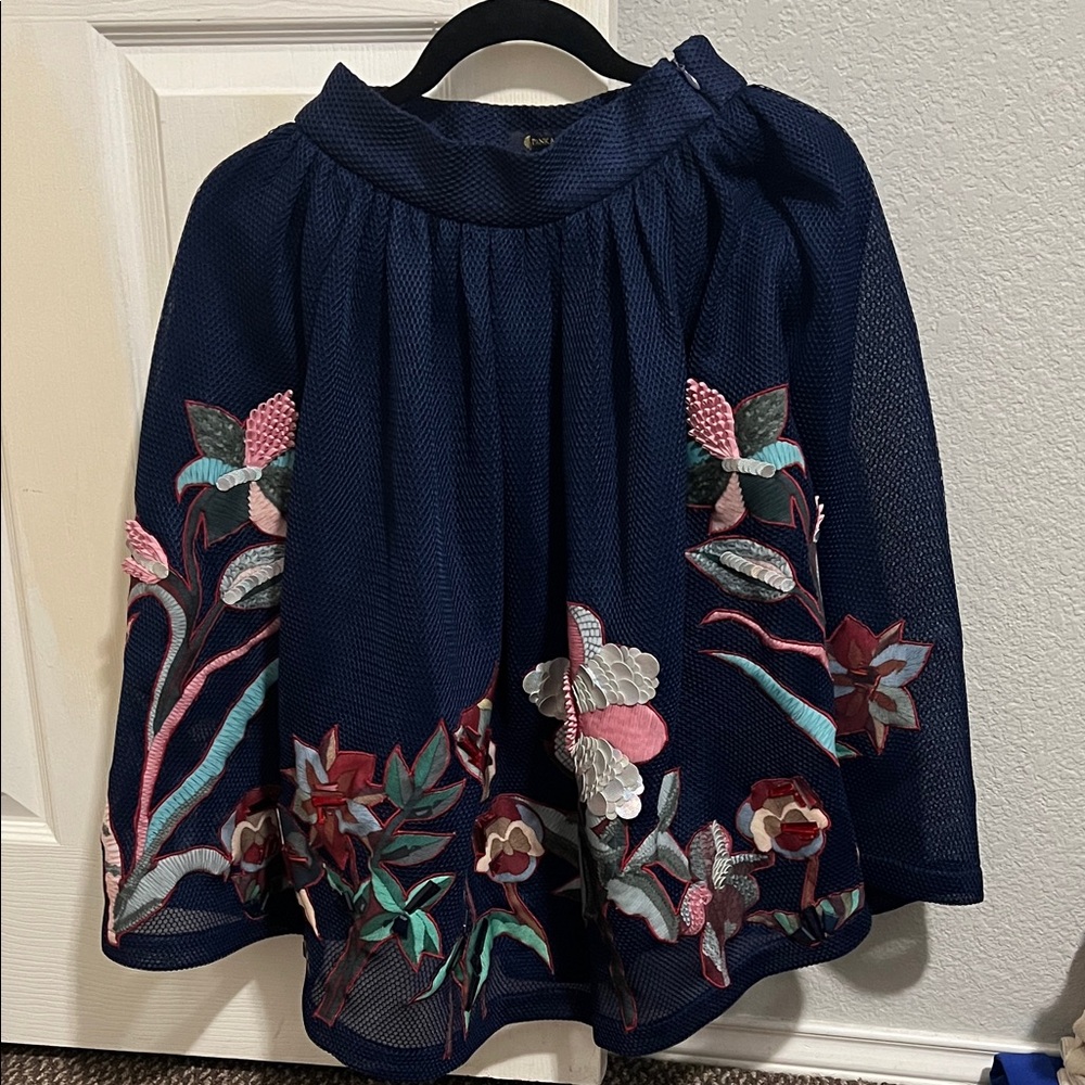 Anthropologie Navy A-Line Skirt with 3d Floral Embroidery and applique